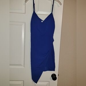 Emerald Sundae Royal Blue V-Neck Dress W/ Very Flattering Asymmetrical Hemline